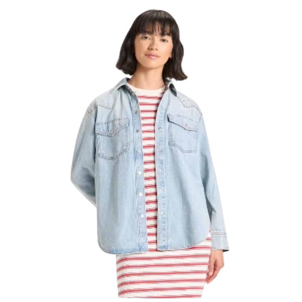 Universal Thread Denim  Button Down Shirt With Embroidered Star Pattern - Picture 8 of 9